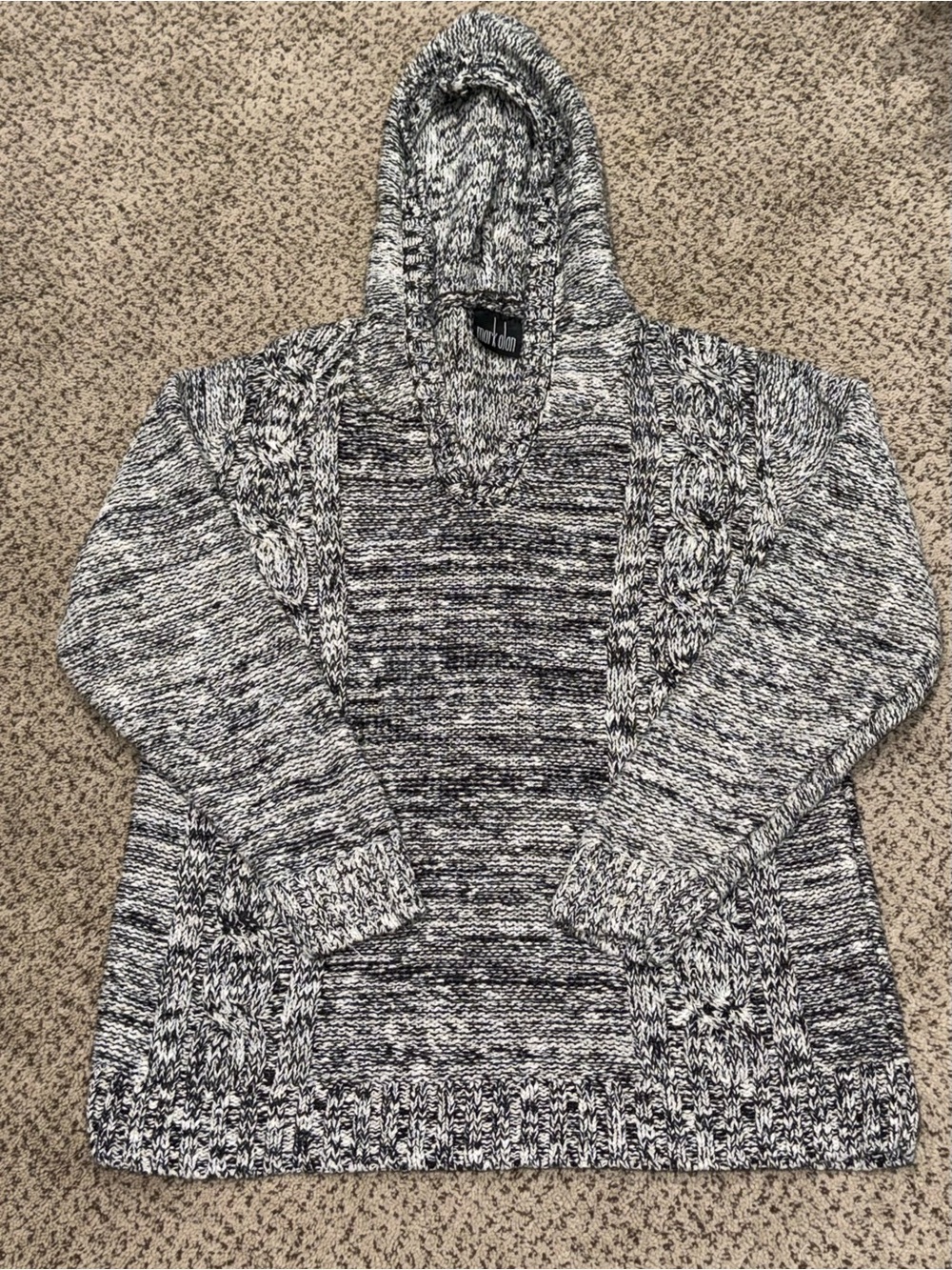 MARK ALAN Black & White Marled Cable Knit Hooded Sweater | Sz Est M/L